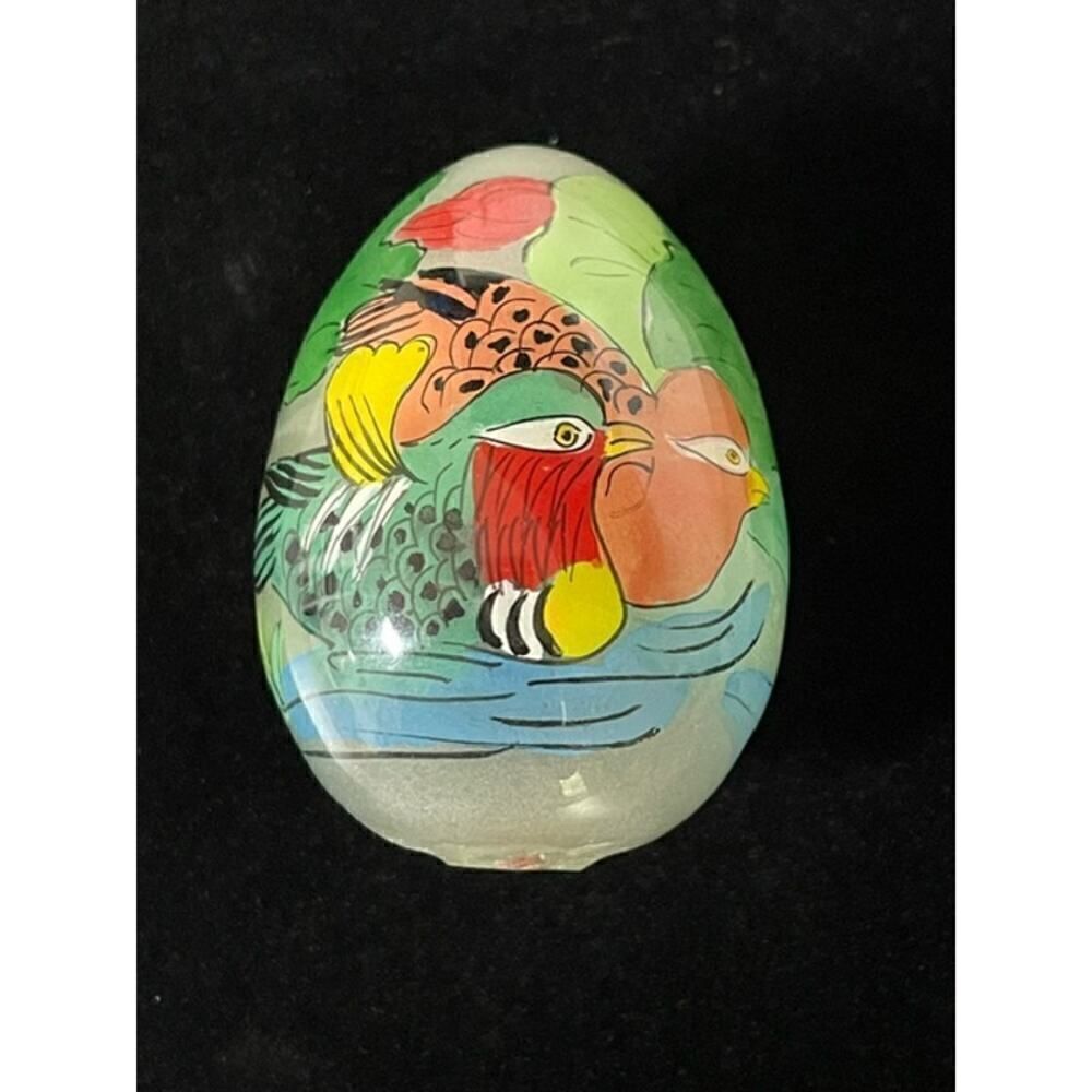 Glass Egg Hand Painted Birds Green Trees and Flowers